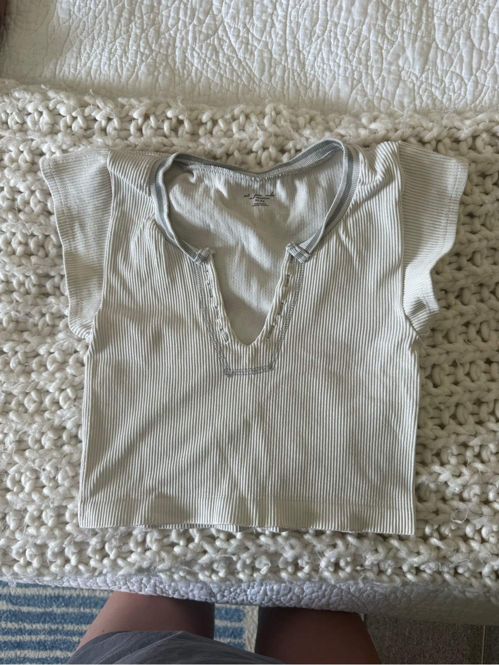 Urban Outfitters Ribbed Short Sleeve Top in Light Cream
